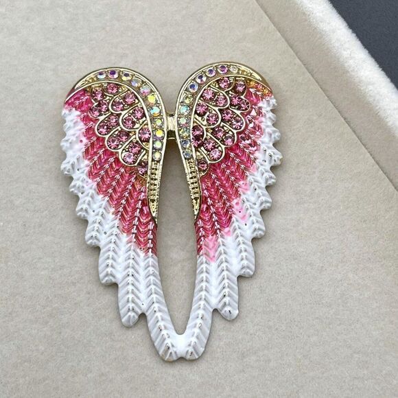 Yellow Gold with Pink Sapphire and AB Crystal Enamel Angel Wing Pin Back Brooch - Picture 3 of 9